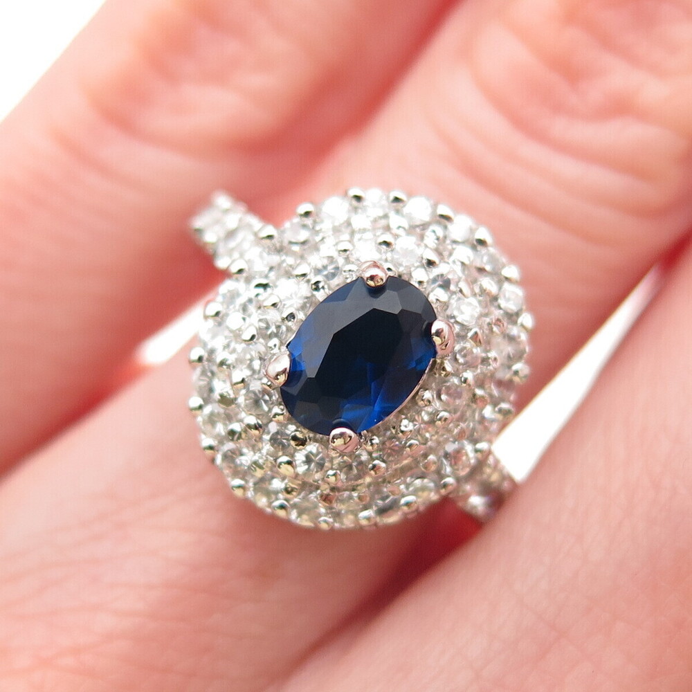 925 Sterling Silver Oval-Cut Blue & Round-Cut White C Z Ring Size 6